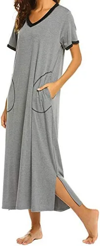 Vista 2 de Camisón largo para mujer, súper cómodo, manga corta, sólido, ropa de descanso, casual, vestido de dormir, talla grande, ropa de dormir con bolsillo