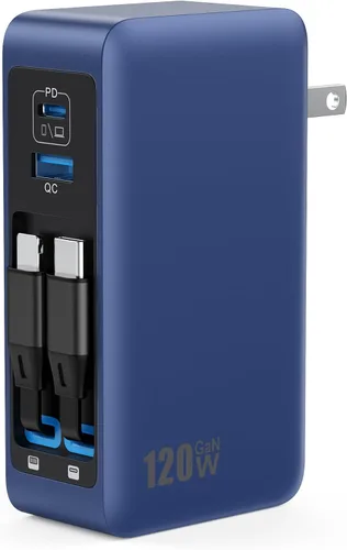 Vista 9 de Bloque de cargador USB C de 120W con 2 cables retráctiles integrados, cargador GaN IV 4 en 1 de carga rápida con enchufe plegable, cargador