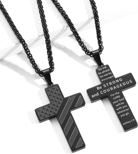 Vista 2 de DuoDiner Collar de cruz de 24 pulgadas para hombres, niños, niños, versículo bíblico, colgante de bandera estadounidense, bautismo, joyería