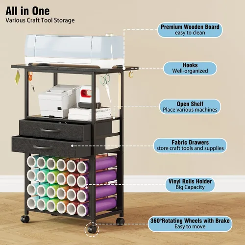 Vista 4 de VENNQD Organizador y soporte de almacenamiento compatible con máquinas Cricut, carrito de almacenamiento rodante/estante con 24 soportes de rollo