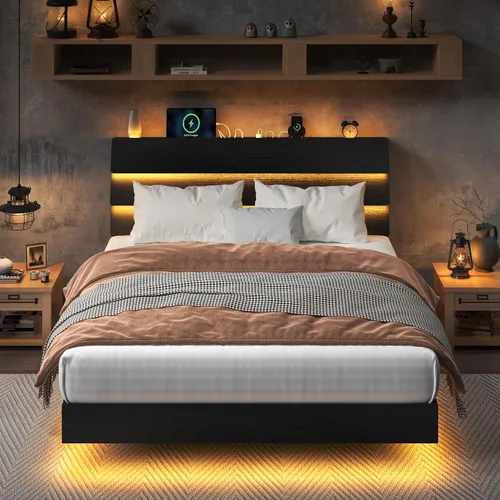 Vista 11 de Feonase Base de cama flotante individual con luces LED y estación de carga, marco de cama de madera tamaño individual con cabecera