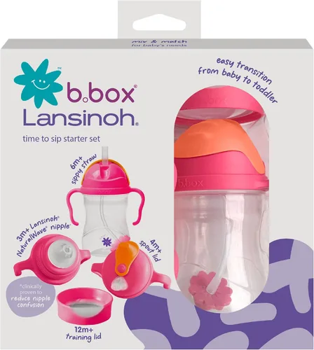 Vista 2 de b.box + Lansinoh Time to Sip - Juego de tazas de inicio (3 meses + hasta niño), 1 taza con 4 tapas, pezón, boquilla, popote con peso, entrenamiento