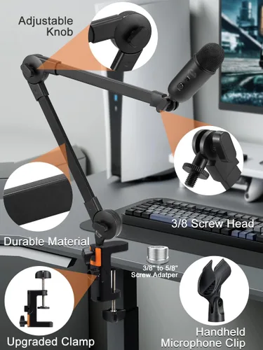 Vista 4 de Soporte de micrófono con brazo de brazo, soporte de brazo de tijera de suspensión ajustable con soporte de clip de micrófono y abrazadera resistente