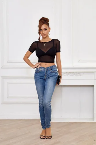 Vista 3 de Camiseta corta de malla para mujer, sexy, transparente, para mujer Negro