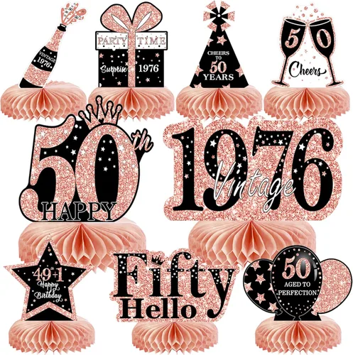 Vista 42 de 9 piezas de decoración de cumpleaños negro dorado 16 centros de mesa de panal para niños y niñas, centros de mesa de feliz cumpleaños 16 Oro negro 16