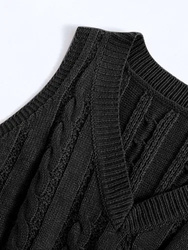 Vista 3 de OYOANGLE Suéter de punto trenzado con cuello en V para mujer, sin mangas, acanalado