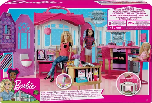 Vista 6 de Casa de Muñecas Barbie Glam Getaway, Set de Juego Portátil con Asa de Transporte y Más de 20 Accesorios Incluyendo Muebles y Decoración