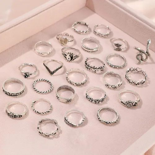 Vista 6 de Juego de anillos góticos para nudillos para mujer, anillos apilables negros y plateados, vintage para articulación de serpiente, estilo bohemio