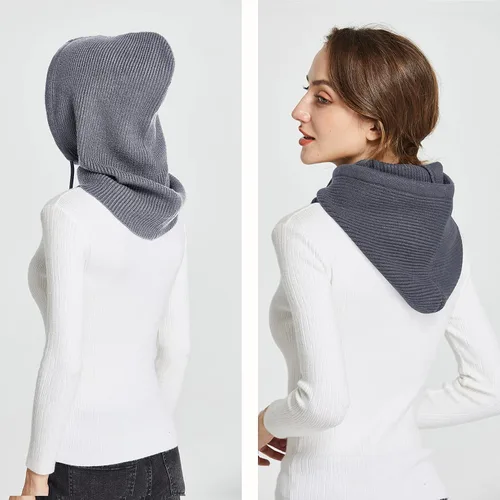 Vista 3 de Facecozy Sombreros de invierno para mujer, gorro cálido con capucha para mujer, pasamontañas, gorro de punto con cordón