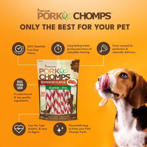 Vista 3 de Pork Chomps Masticables para perros de piel de cerdo al horno, 5 en mini giros, Pepperoni, 30 unidades Horneado con piel de cerdo real: un