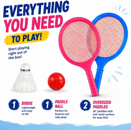 Vista 7 de Juego de raqueta de bádminton para niños, niños pequeños con paletas, pelota y pájaro, para estudiantes de jardín de infantes, deportes al aire