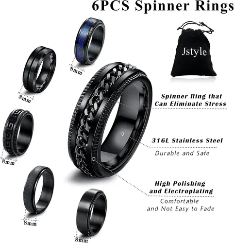 Vista 2 de Jstyle 6 anillos de acero inoxidable para hombres y mujeres, cadena fresca, patrón de dragón griego, bordes biselados, color negro celta, juego
