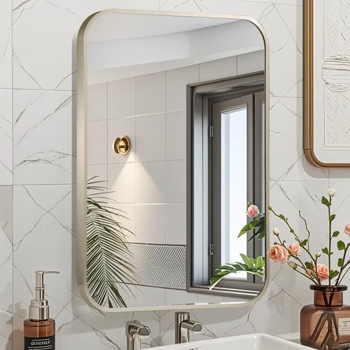 Vista 2 de Espejo de baño de níquel cepillado de 16 x 24 pulgadas, espejo rectangular enmarcado con esquina redondeada, espejo cepillado, espejo de baño