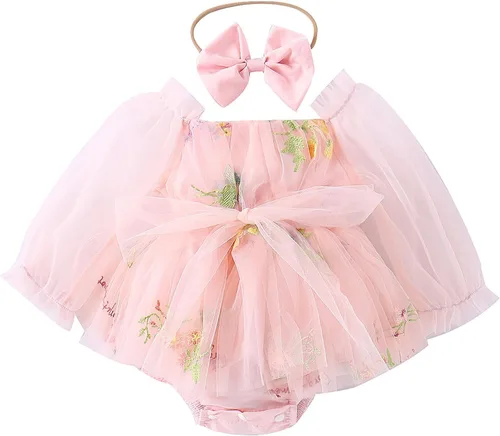 Vista 23 de IDOPIP Conjunto de 2 piezas para bebé recién nacido, con diadema, bordado de flores, tutú, princesa, fiesta de cumpleaños, conjunto de ropa