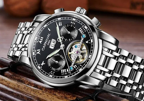 Vista 3 de CARNIVAL Mens tourbillon Automatic Mechanical Watch Silver Stainless Steel Multifunction Blue Watches