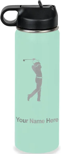 Vista 18 de LaserGram Botella de agua personalizada, golfista de golf, acero inoxidable de doble pared aislada al vacío con popote superior, regalo grabado Negro