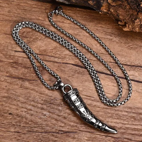 Vista 4 de MEALGUET Collar vikingo para hombre collar con colgante de cuerno vikingo sólido de acero inoxidable sólido con nudos celtas nórdicos, joyería