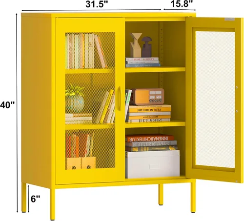 Vista 75 de Gabinete de almacenamiento de metal ancho negro, gabinete de acento de 2 puertas para el hogar y la oficina, gabinete de metal bajo de 2 niveles