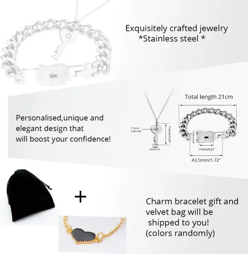 Vista 7 de Uloveido Juego de collar con colgante de llave de acero de titanio y pulsera cuadrada para parejas, regalos de valetines, Metal, circonita cúbica