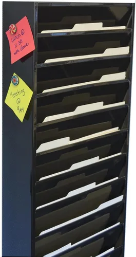 Vista 4 de Displays2go Estante para carpetas de archivos montado en la pared con 11 bolsillos escalonados Se adapta a tamaños de letra, magnético, de varios
