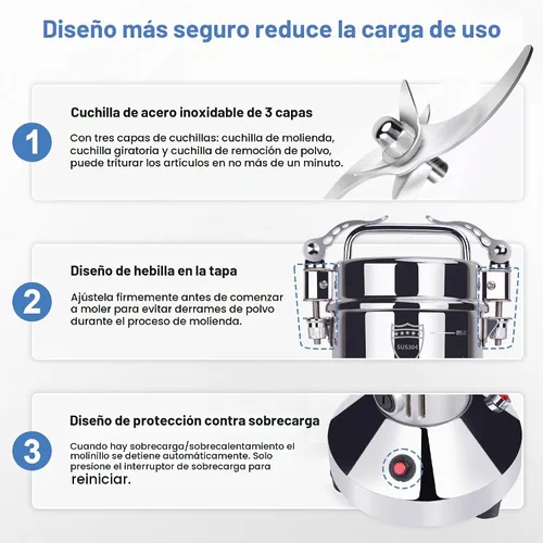 Vista 3 de Molinillo eléctrico de grano de 150g, molino de harina de acero inoxidable 304, molinillo de especias de alta velocidad de 1500W, molinillo