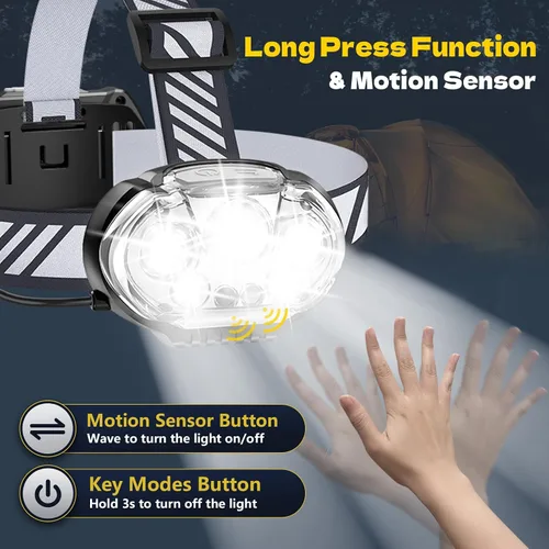 Vista 2 de MIOISY Linterna frontal recargable, lámpara de cabeza ultra brillante de 5 LED con luz roja y blanca, linterna impermeable IPX4, linterna de cabeza