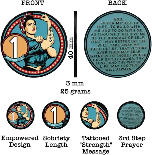 Vista 2 de Sobriety Coin – Rosie Strength Tattoo Recovery AA Chip, medallón de alta resistencia, regalo perfecto para cualquier persona en recuperación