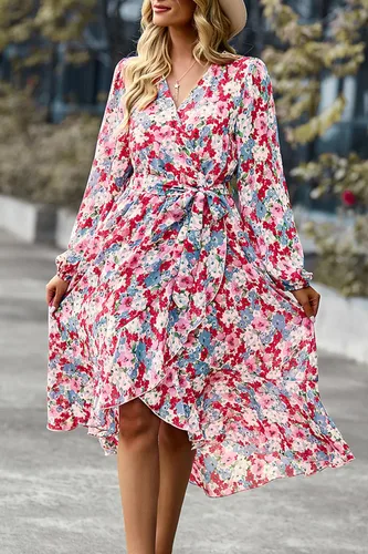 Vista 6 de PrettyGarden Vestido largo bohemio con estampado floral para mujer, manga larga, cuello en V cruzado, volantes, cinturón, acampanado, al tobillo