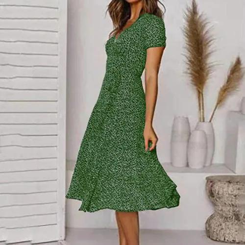 Vista 4 de Vestidos de verano para mujer 2023, vestido de manga corta con cuello en V para mujer, vestido único envolvente casual bohemio midi vestidos de sol