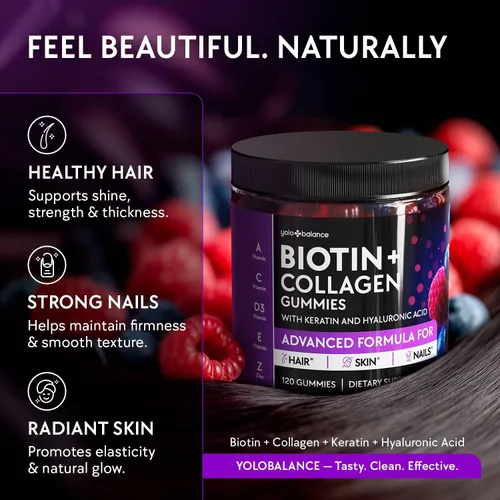Vista 9 de Gomitas de biotina de 10 000 mcg para el crecimiento del cabello - Multi-colágeno sin azúcar con queratina, sílice y ácido hialurónico - A base