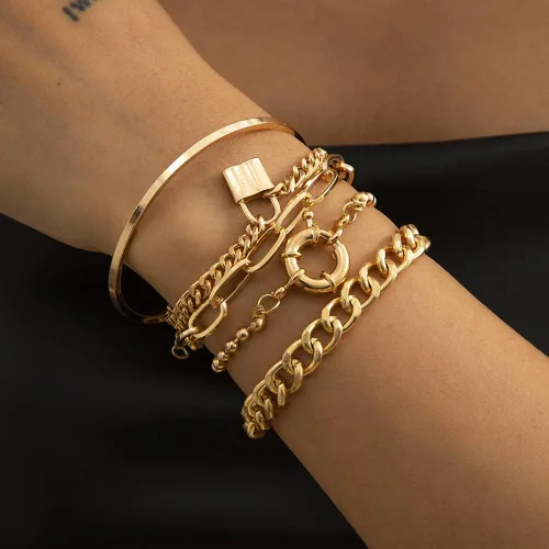 Vista 2 de Juego de 5 pulseras apilables de cadena de oro y plata de estilo bohemio para mujer, con cuentas ajustables y gruesas, cadena de cable plano y punk