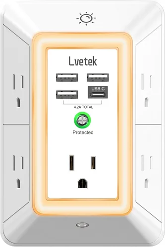 Vista 16 de Extensor de tomacorriente, protector de sobretensiones con 5 enchufes múltiples y 4 puertos USB (2 USB C), cargador de pared de regleta