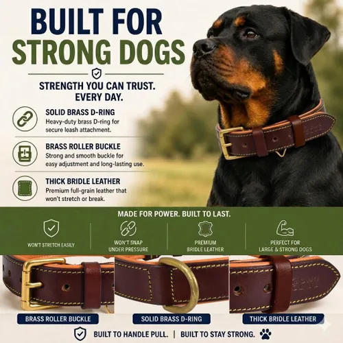 Vista 4 de Collar de perro de cuero para perros medianos, marrón, 1 pulgada de ancho, cuero genuino de grano completo, resistente con acolchado interior suave
