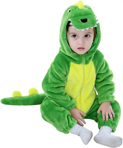 Vista 2 de LOLANTA Disfraz de dinosaurio para niños pequeños, unisex, de franela con capucha, mameluco de disfraz