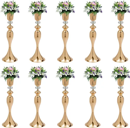 Vista 24 de Juego de 10 portavelas de metal dorado de 10.2 pulgadas de alto, florero, arreglo floral, candelabro, candelabro, portavelas para bodas, fiestas