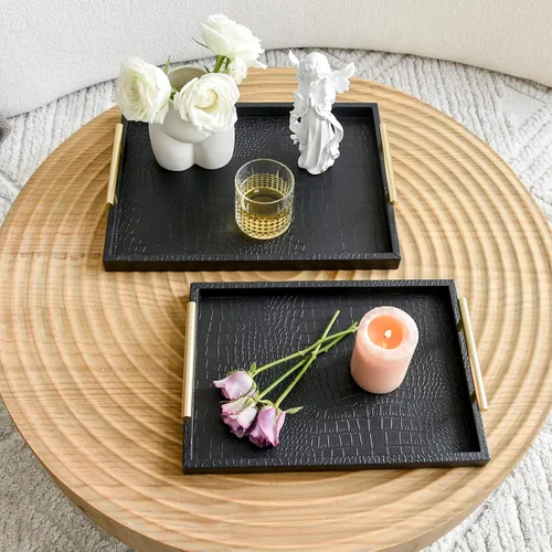 Vista 8 de Juego de 2 bandejas de servir grandes modernas y elegantes de madera, bandeja decorativa rectangular para otomana y mesa de café, de cuero