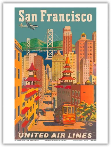 Vista 9 de San Francisco California - Teleférico en Chinatown - United Air Lines - Póster vintage de viaje de aerolínea por Joseph Fehér c.1950s - Impresión