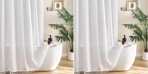 Vista 23 de Cortina de ducha Siiluminisoy de 36x72 beige, cortina de ducha de tela de tamaño pequeño, cortinas de ducha de tela con tufting, diseño chevron a
