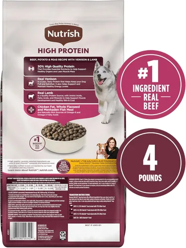 Vista 4 de Nutrish Receta de carne de res, patata y guisantes alta en proteínas con carne de venado y cordero, bolsa de 4 libras, el embalaje puede variar
