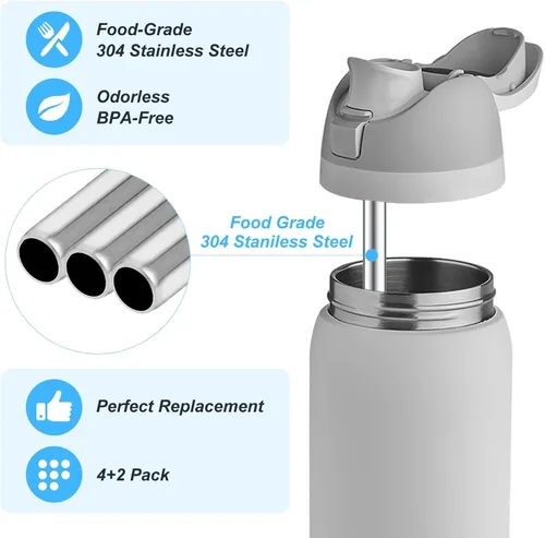 Vista 3 de 4 piezas de pajitas de acero inoxidable de repuesto compatibles con botella Owala 24 oz 32 oz, pajitas reutilizables con 2 cepillos de limpieza