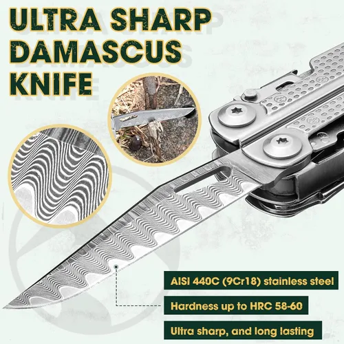 Vista 3 de Multper Multitools Pliers Pro, herramienta múltiple mejorada con cuchillo de Damasco, cortadores de alambre reemplazables y juego
