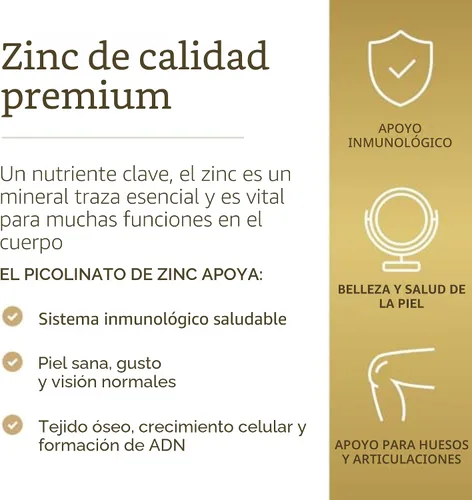 Vista 3 de Solgar Picolinato de zinc de 22 mg, 100 tabletas - Promueve una piel saludable - Apoya el sistema inmunológico, el sabor y la visión normales