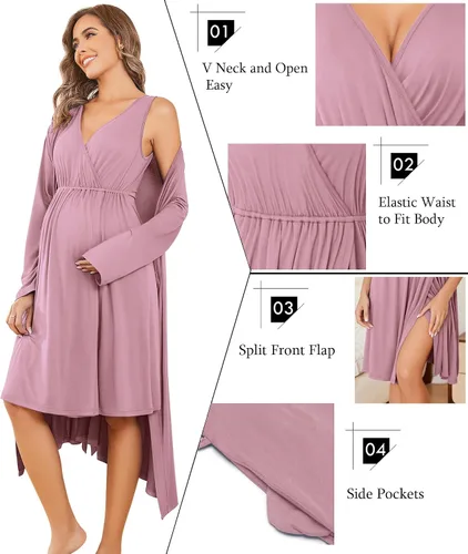 Vista 2 de Ekouaer Conjunto de bata y bata de maternidad para mujer, camisón de lactancia para el parto, ropa de embarazo, S-XXL