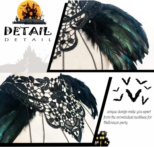 Vista 2 de L'VOW Real Negro Pluma Arnés Collar Collar Collar Babero Halloween