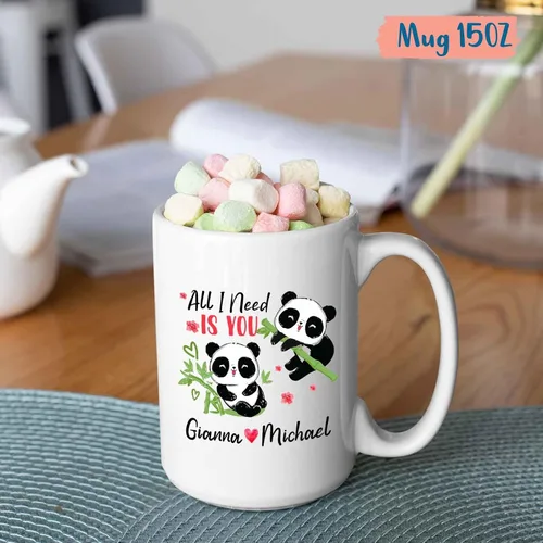 Vista 5 de Taza de té de pandas con nombres personalizados, taza con texto en inglés «All I Need Is You», regalos divertidos de panda para niños, amigos