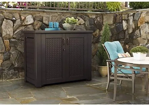 Vista 2 de Rubbermaid Armario decorativo de almacenamiento para exteriores (123 galones), resistente a la intemperie, marrón, organización para el hogar