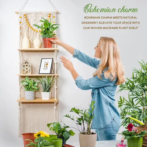 Vista 3 de jontell Estante colgante de pared de macramé, estantes de macramé hechos a mano, estante flotante bohemio decorativo para plantas, estante