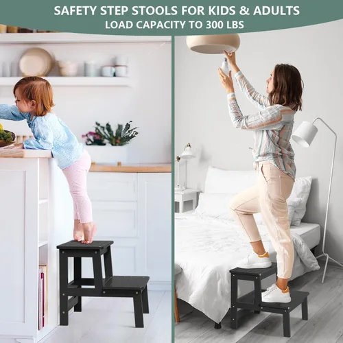 Vista 3 de Domax Taburetes de madera de bambú para niños, taburete para niños pequeños, para lavabo de baño, cama alta, inodoro, cocina, taburete de madera
