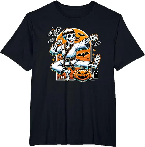 Vista 5 de Camiseta de karate de esqueleto de Halloween Negro