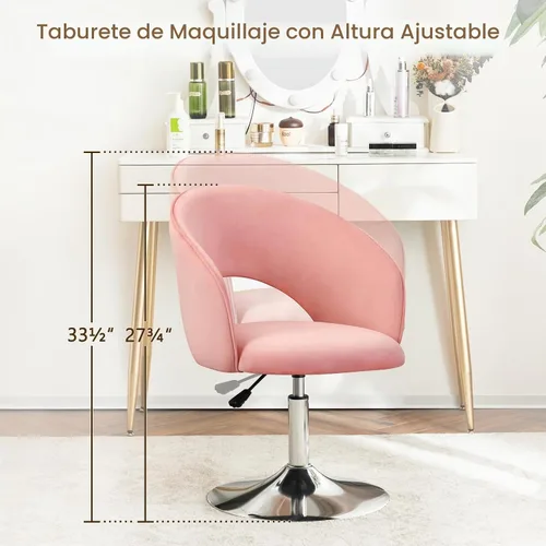 Vista 2 de Furnimart Silla de Tocador de Terciopelo Rosa Taburete de Tocador con Respaldo, Silla de Acento Giratoria de Altura Ajustable con Respaldo, Silla